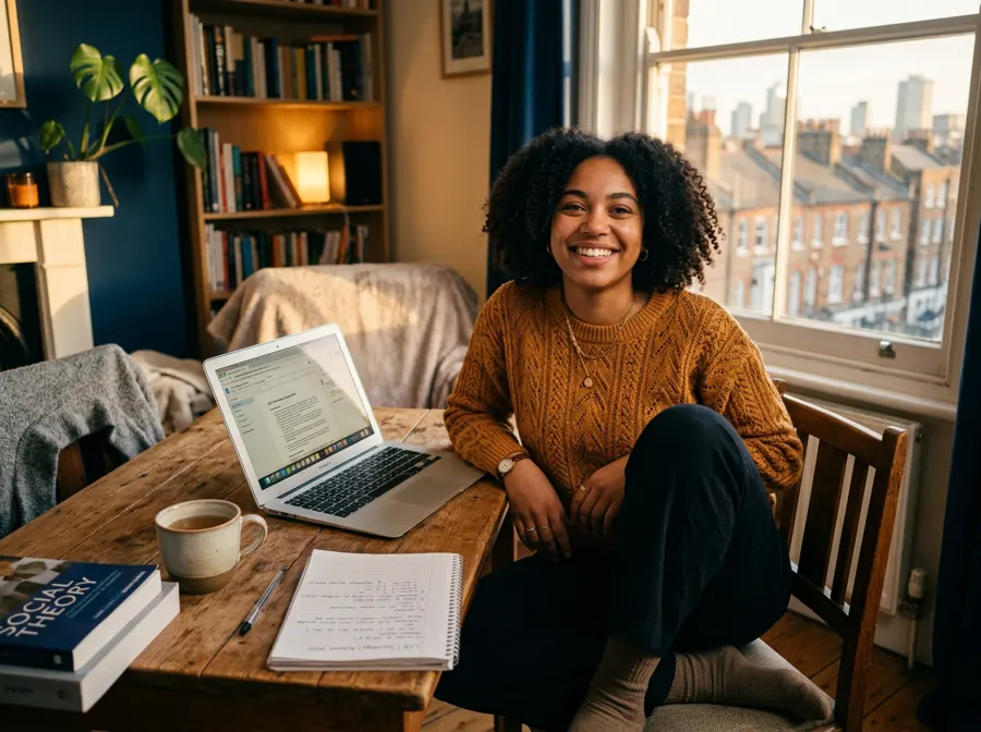 Smiling UK university student studying at home with a laptop and books