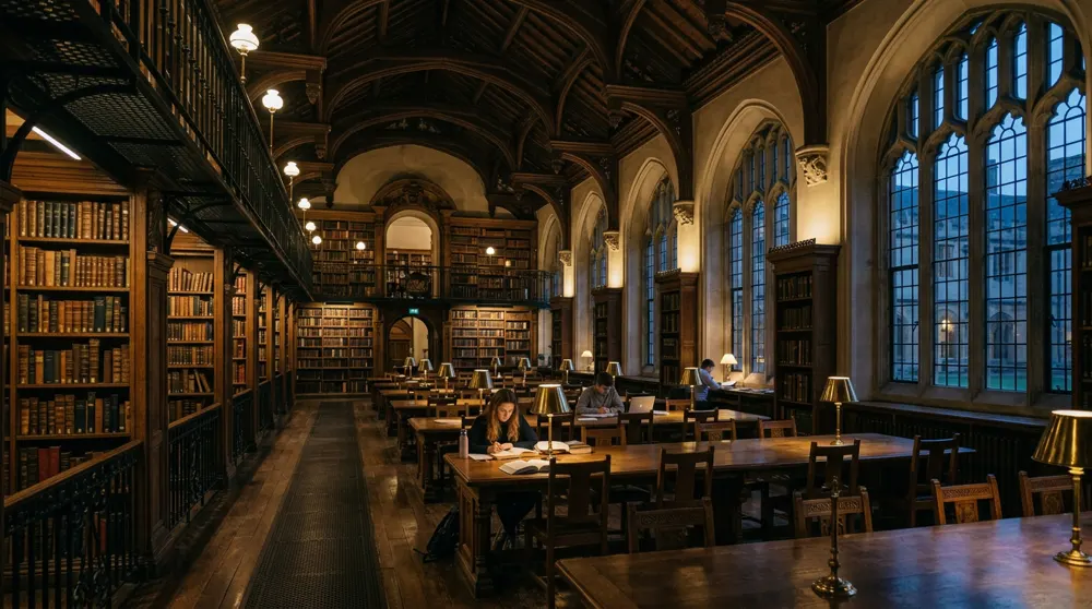 Historic British university library with students studying