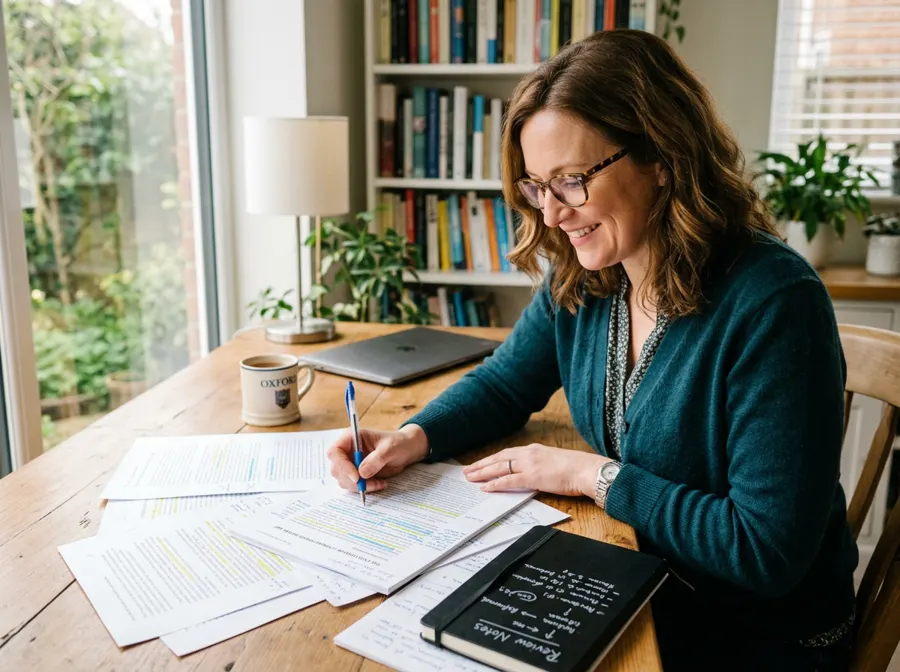 Academic expert reviewing a student essay with a pen